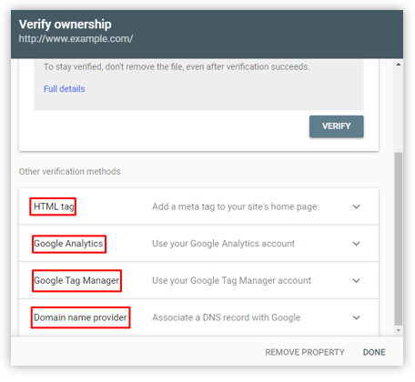 Google Search Console tags verification