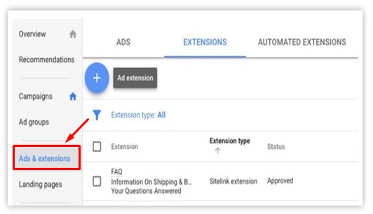 Step 1 to add Google Ads extensions